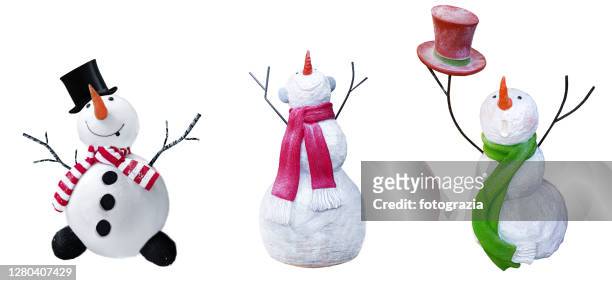 collection of three snowmen isolated on white background - scarf isolated stock pictures, royalty-free photos & images