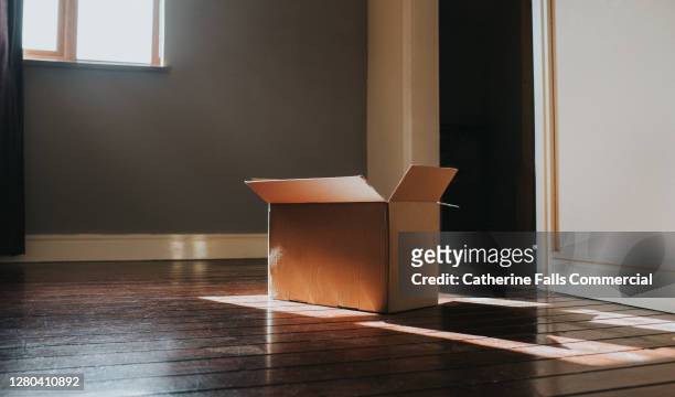 single cardboard box in a sunny room - clear donation box stock pictures, royalty-free photos & images