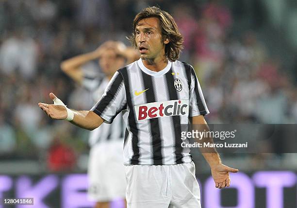 Andrea Pirlo of Juventus FC gestures during the Serie A match between Juventus FC and AC Milan on October 2, 2011 in Turin, Italy.