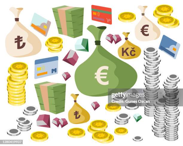 illustrazioni stock, clip art, cartoni animati e icone di tendenza di imposta un vario tipo di denaro - money bag - currency - shopping - jewelry - dimaond - gem - credit card - valuable - gold coins - silver coins - packing in bundles of bank notes - isolated - web site page - mobile app design - christmas cash