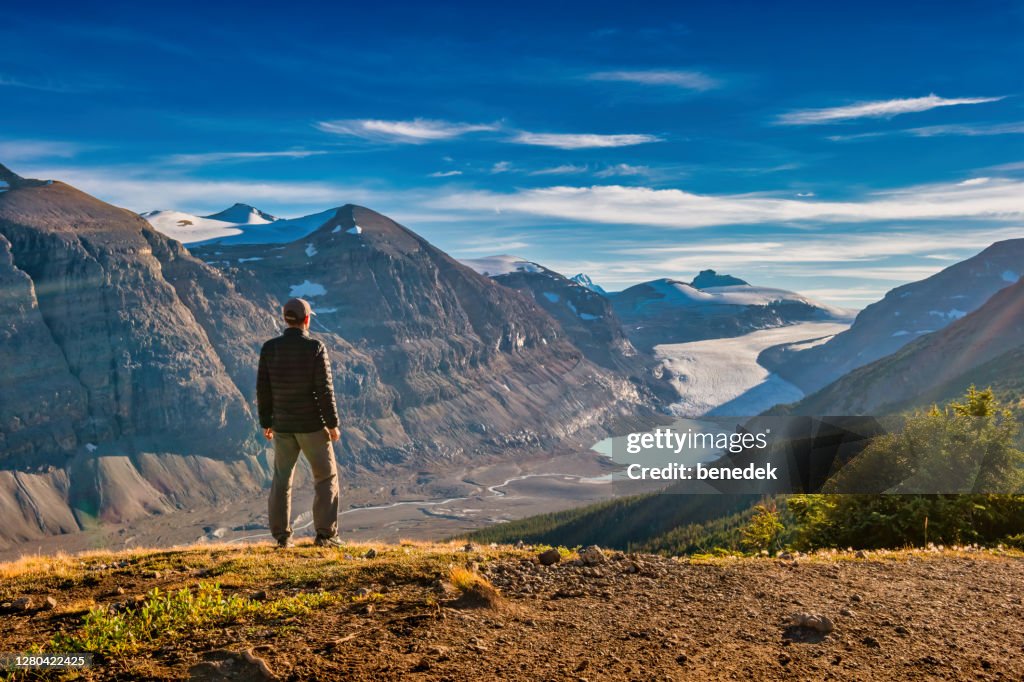Hiker enjoys view in Banff National Park Parker Ridge Saskatchewan Glacier