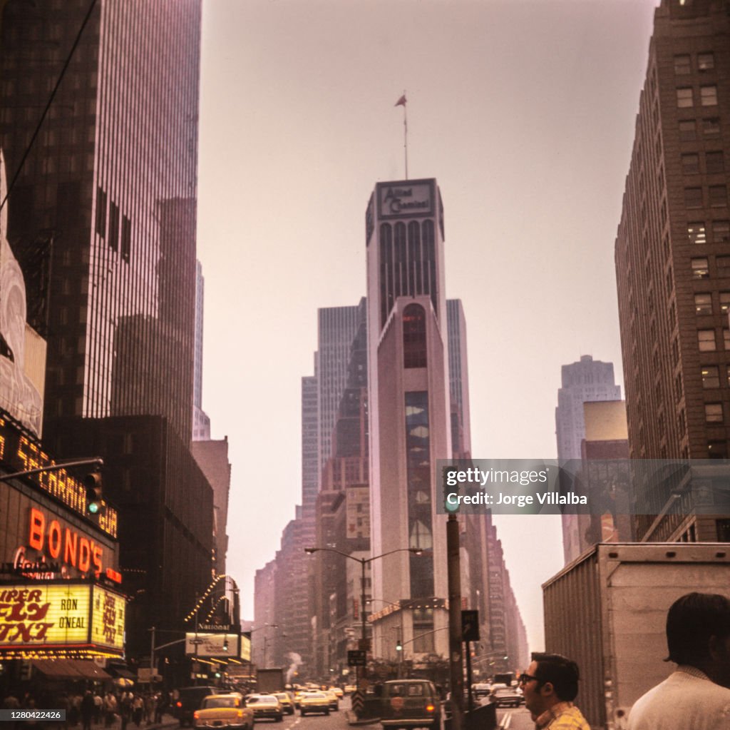 New York Times Square with skyline during the 1940's