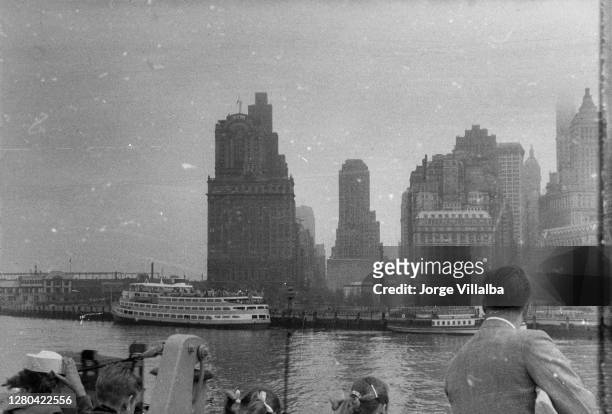chrysler building in the new york skyline during the 1950's - archival nyc stock pictures, royalty-free photos & images
