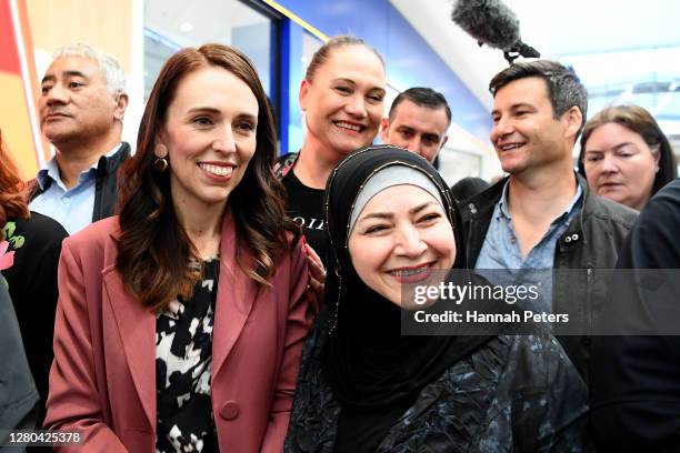 Labour Party leader Jacinda Ardern meets supporters at Lynn Mall on October 16, 2020 in Auckland, New Zealand. Voters head to the polls on Saturday...