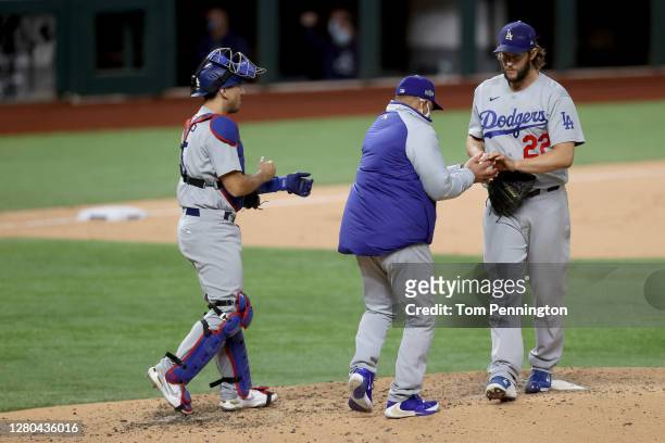 Clayton Kershaw of the Los Angeles Dodgers is taken out of the game against the Atlanta Braves during the sixth inning in Game Four of the National...