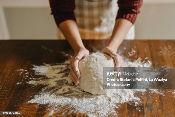 woman kneading bread dough - knåda bildbanksfoton och bilder