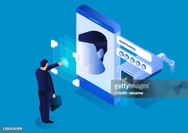 surveillance cameras monitor smartphone face recognition systems, modern network security technology - identity stock illustrations