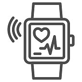 Smart watch line icon, Gym concept, Wrist Watch with heart rate sign on white background, Fitness bracelet icon in outline style for mobile concept and web design. Vector graphics.