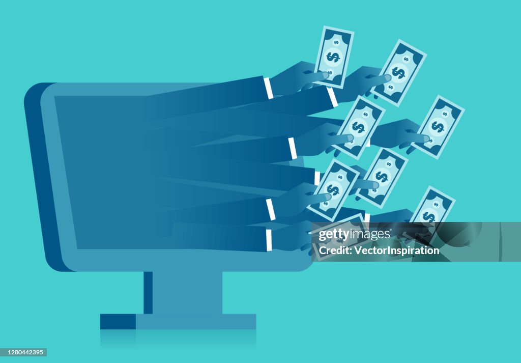 Unzählige Hände im Inneren des Computerbildschirms mit Geld, Schuldensteuer-Kredit-Finanzkonzept-Illustration