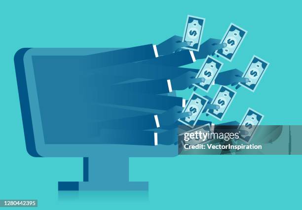 countless hands stretched out inside the computer screen holding money, debt tax loan financial concept illustration - internet scam stock illustrations