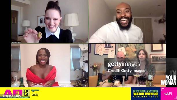 In this screengrab, Rachel Brosnahan, Arinzé Kene, Julia Hart, Jordan Horowitz, and Marsha Stephanie Blake speak during the cocktail hour for the...