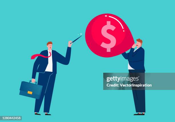 businessman holding a needle to puncture a partner's inflated balloon - pierced stock illustrations