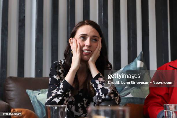 New Zealand Prime Minister Jacinda Ardern in an Onehunga Cafe to meet the team from Everybody Eats on October 16, 2020 in Auckland, New Zealand....