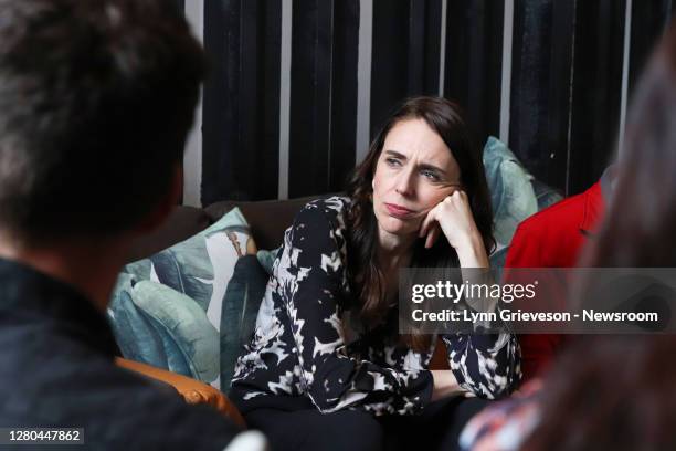 New Zealand Prime Minister Jacinda Ardern in an Onehunga Cafe to meet the team from Everybody Eats on October 16, 2020 in Auckland, New Zealand....