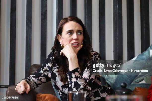 New Zealand Prime Minister Jacinda Ardern in an Onehunga Cafe to meet the team from Everybody Eats on October 16, 2020 in Auckland, New Zealand....