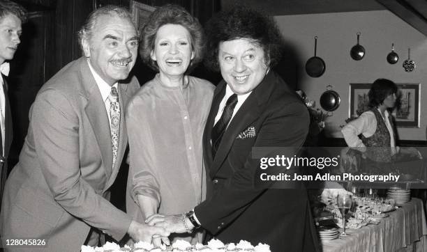 Ernest Borgnine with wife Tova and Marty Allen, at launch party her Tova 9 cactus masque on May 12 1978 at the in Los Angeles, California.