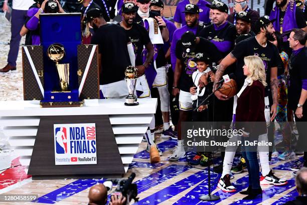 Owner Jeanie Buss of the Los Angeles Lakers speaks after winning the 2020 NBA Championship Final over the Miami Heat in Game Six of the 2020 NBA...