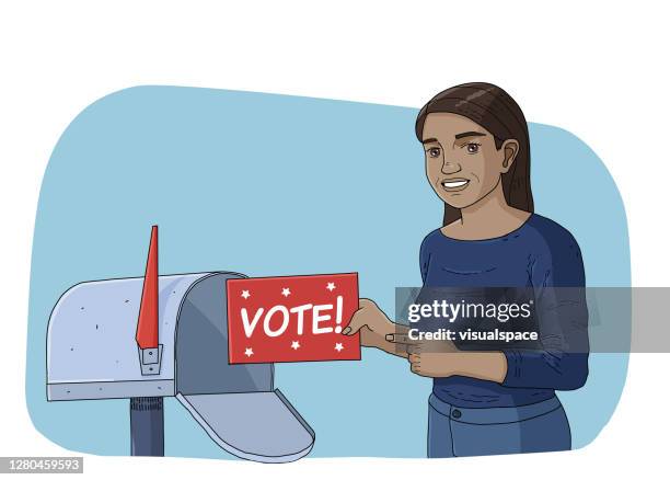 latin-american woman receiving voting envelope - millennials outside stock illustrations