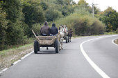 Roma people drive a horse drawn cart on a public road.