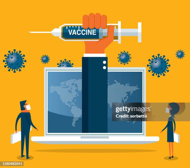 laptop, hand holds a syringe - allergy testing stock illustrations
