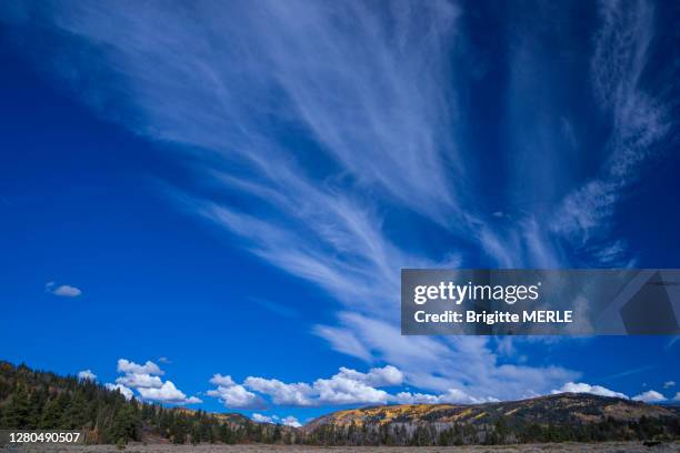 usa, wyoming, autumn landscape with a cloudy sky, cirrus and cumulo nimbus - cumulo stock pictures, royalty-free photos & images