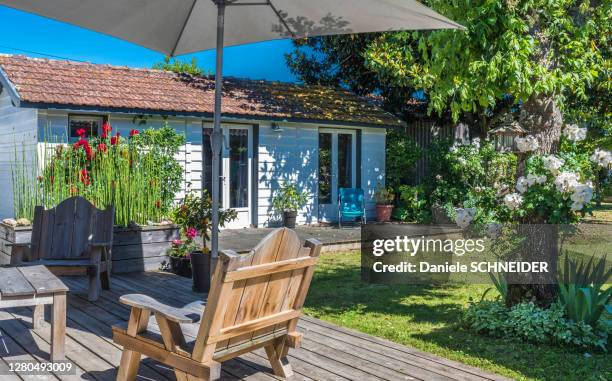 france, new aquitaine, arcachon bay, terrace and garden shed (property release) - arcachon stock pictures, royalty-free photos & images