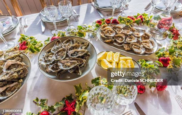 france, oysters on a christmas table - christmas ivy stock pictures, royalty-free photos & images