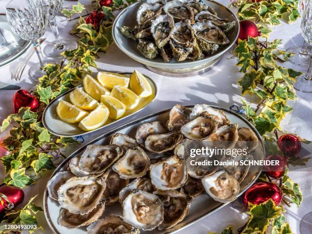 france, oysters on a christmas table - fruits de mer photos et images de collection