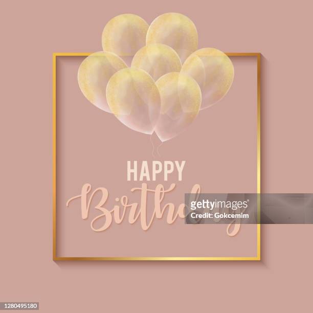 happy birthday celebration card template with gold frame and gold colored glittering hand drawn balloons. - birthday stock illustrations
