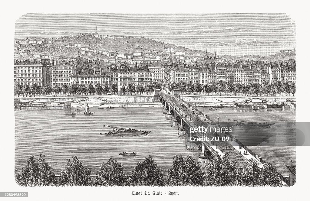 Quai St Clair in Lyon, France, wood engraving, published in 1893