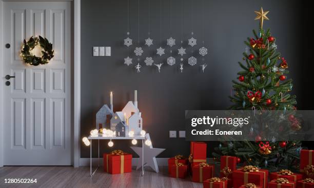 christmas interior scene - christmas tree home stock pictures, royalty-free photos & images