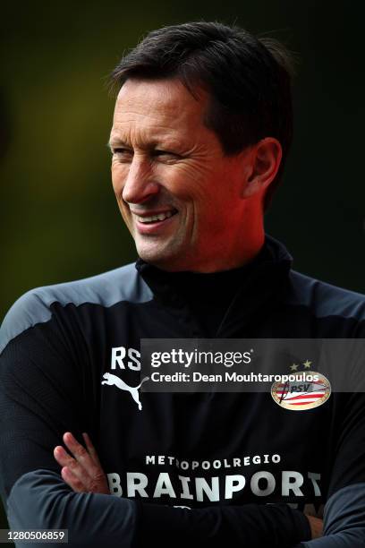 Manager / Head coach, Roger Schmidt speaks to the media prior to their training session at Sportcomplex de Herdgang on October 16, 2020 in Eindhoven,...