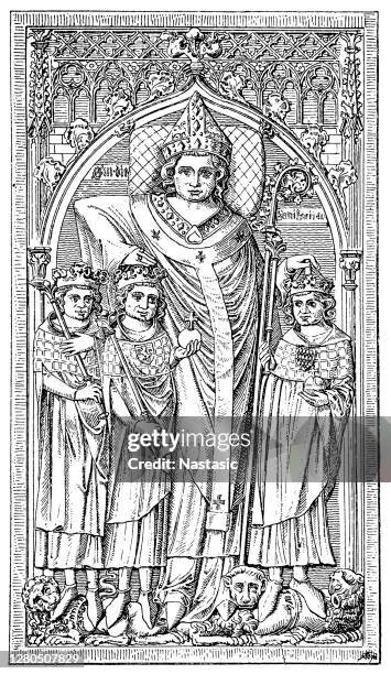 red sandstone slab from the tomb of peter von aspelt in mainz cathedral. from the left: john the blind, his father henry vii, peter von aspelt, louis the bavarian. - cleric stock illustrations