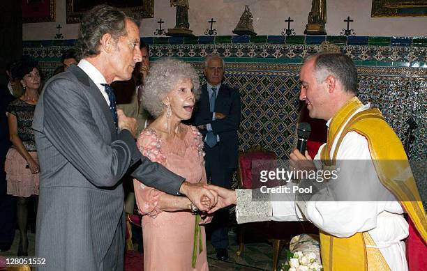Duchess of Alba, Maria del Rosario Cayetana Fitz-James-Stuart and Alfonso Diez Carabantes during their wedding ceremony held at Duenas Palace on...