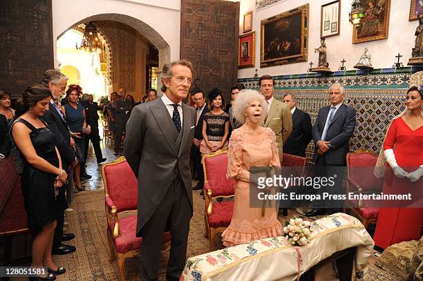 Duchess of Alba, Cayetana Fitz-James Stuart and Duke of Alba Alfonso Diez during their wedding at Duenas Palace on October 5, 2011 in Seville, Spain.