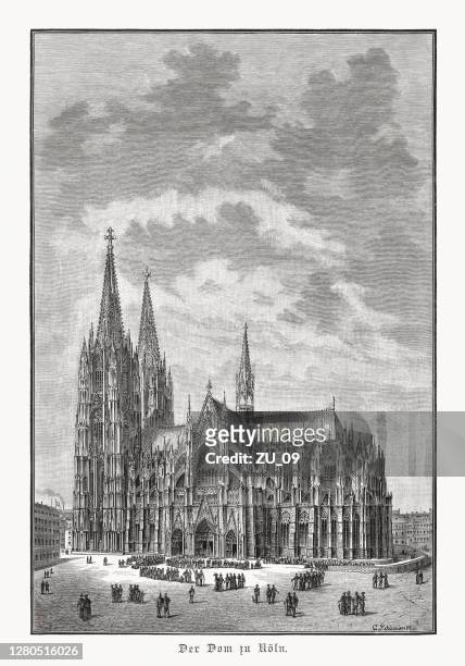 ilustrações, clipart, desenhos animados e ícones de catedral de colônia, renânia do norte-vestfália, alemanha, gravura de madeira, publicada em 1893 - colônia renânia