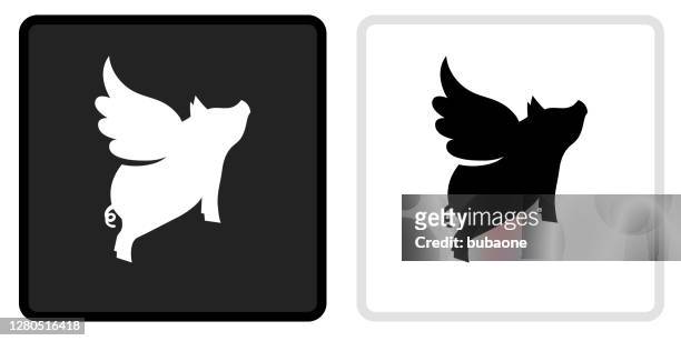 ilustraciones, imágenes clip art, dibujos animados e iconos de stock de icono de cerdo volador en el botón negro con rollover blanco - pig