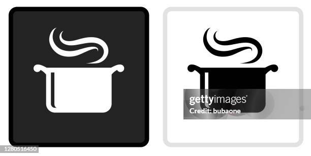 steam pot icon auf schwarzem knopf mit weißem rollover - kochgeschirr stock-grafiken, -clipart, -cartoons und -symbole