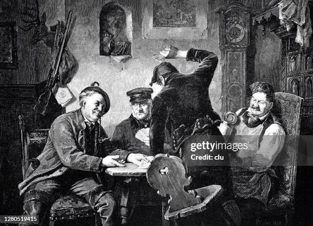 four different temperaments when playing cards, men sitting in the restaurant - antique clock stock illustrations