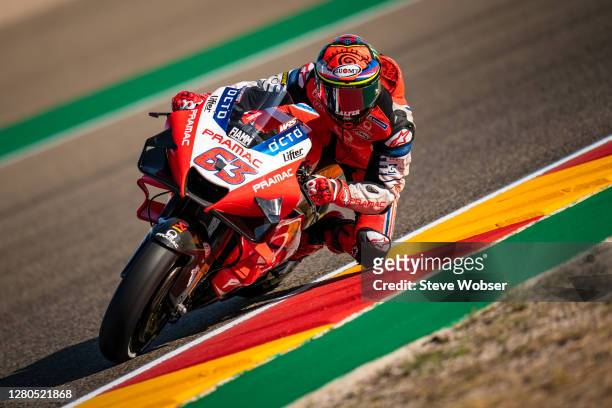 Francesco Bagnaia of Italy and Pramac Racing rides through the long left turn 11 during the free practice for the MotoGP of Aragon at Motorland...