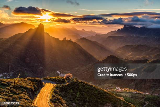 scenic view of mountains against sky during sunset, tejeda, canarias, spain - tejeda imagens e fotografias de stock