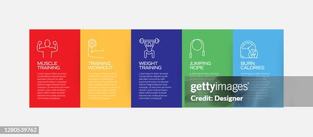 fitness and workout related process infographic template. process timeline chart. workflow layout with linear icons - step tracker icon stock illustrations