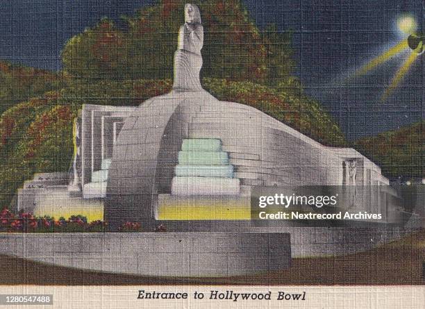 Vintage souvenir linen postcard published ca 1938 from series depicting Hollywood landmarks and movie star homes, here a view of the grand exterior...