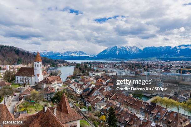high angle view of townscape against sky,thun,bern,switzerland - bern canton stock pictures, royalty-free photos & images