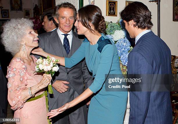 Duchess of Alba, Maria del Rosario Cayetana Fitz-James-Stuart is greeted by bullfighter Cayetano Rivera Ordonez and his girlfriend and TV presenter...