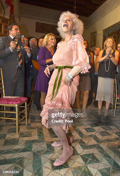 Duchess of Alba, Maria del Rosario Cayetana Fitz-James-Stuart dances during her wedding to Alfonso Diez Carabantes held at Duenas Palace on October...