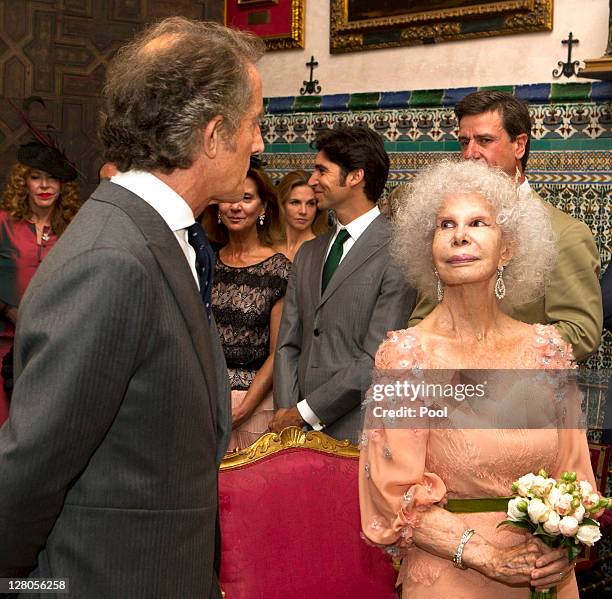 Duchess of Alba, Maria del Rosario Cayetana Fitz-James-Stuart and Alfonso Diez Carabantes during their wedding ceremony held at Duenas Palace on...