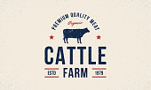Cattle farm logo. Cattle farm trendy logo, emblem, poster with cow silhouette. Vintage typography. Graphic emblem template for grocery store, food market, restaurant and butchery Vector illustration