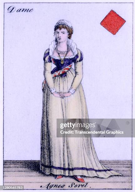View of the 'Queen of Diamonds' from a deck of playing cards, with an illustration that depicts Agnes Sorel, circa 1850.