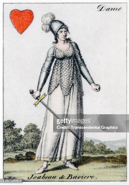 View of the 'Queen of Hearts' from a deck of playing cards, with an illustration that depicts Isabeau de Baviere, circa 1850.